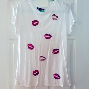 INC International Concepts White Tee with Pink and Red Sequin Lips Medium NWT